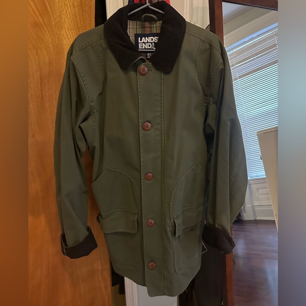 Landsend Green barn coat with dark brown corduroy collar and cuffs